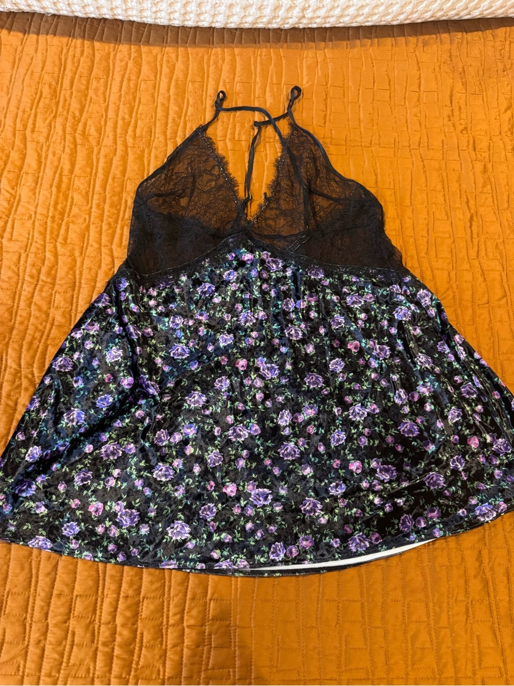 Victoria's Secret Black Lace Floral Halter Cami with Purple Flowers